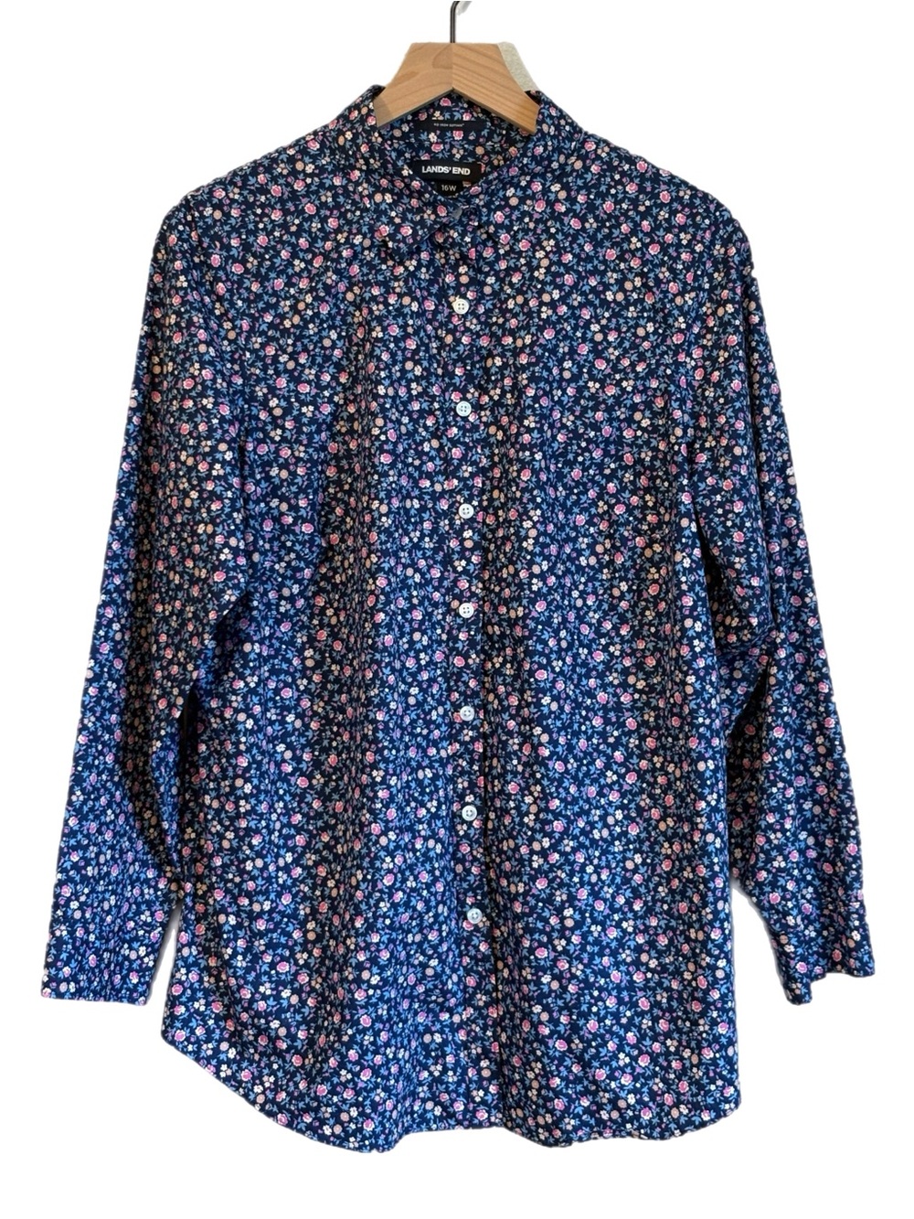 Lands' End No- Iron Supima Navy Pink Floral Long Sleeve Button-Down Shirt 16W